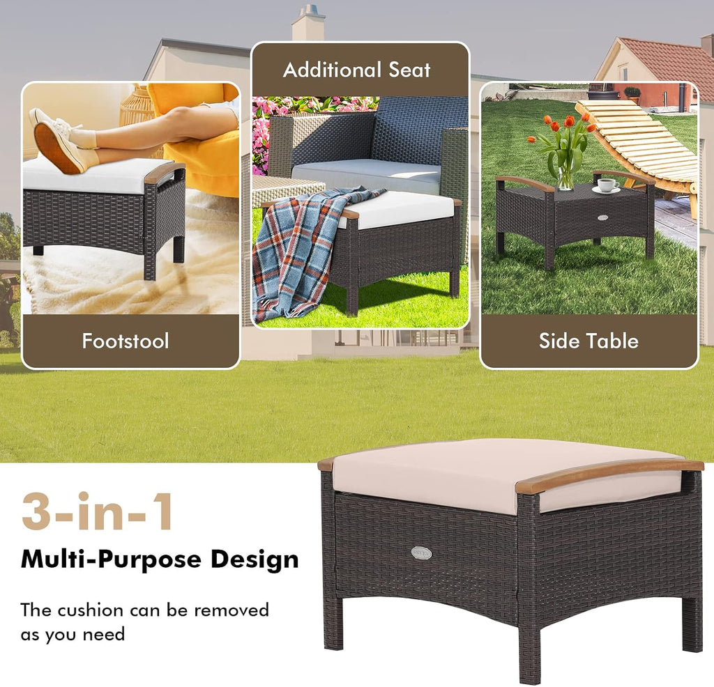 Tangkula 2 Piece Patio Rattan Ottomans, Outdoor Wicker Footstool w/Acacia Wood Handles, Soft Zippered Cushions, 3-in-1 Function Footstool Seat & Side Table for Backyard, Balcony, Poolside (Beige)