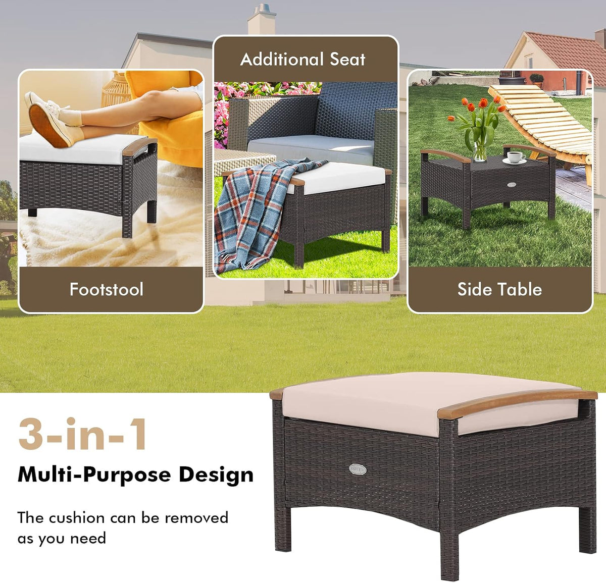 Tangkula 2 Piece Patio Rattan Ottomans, Outdoor Wicker Footstool w/Acacia Wood Handles, Soft Zippered Cushions, 3-in-1 Function Footstool Seat & Side Table for Backyard, Balcony, Poolside (Beige)