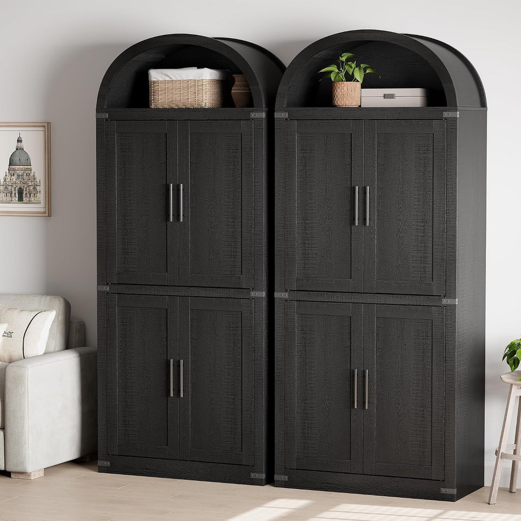 Takywep 71.6 Inch Tall Arched Pantry Cabinet with Doors, Farmhouse Storage Cabinet with Open Shelf and Metal Handles, 5 Tier Freestanding Bookcase for Kitchen Dining Room Living Room, Black