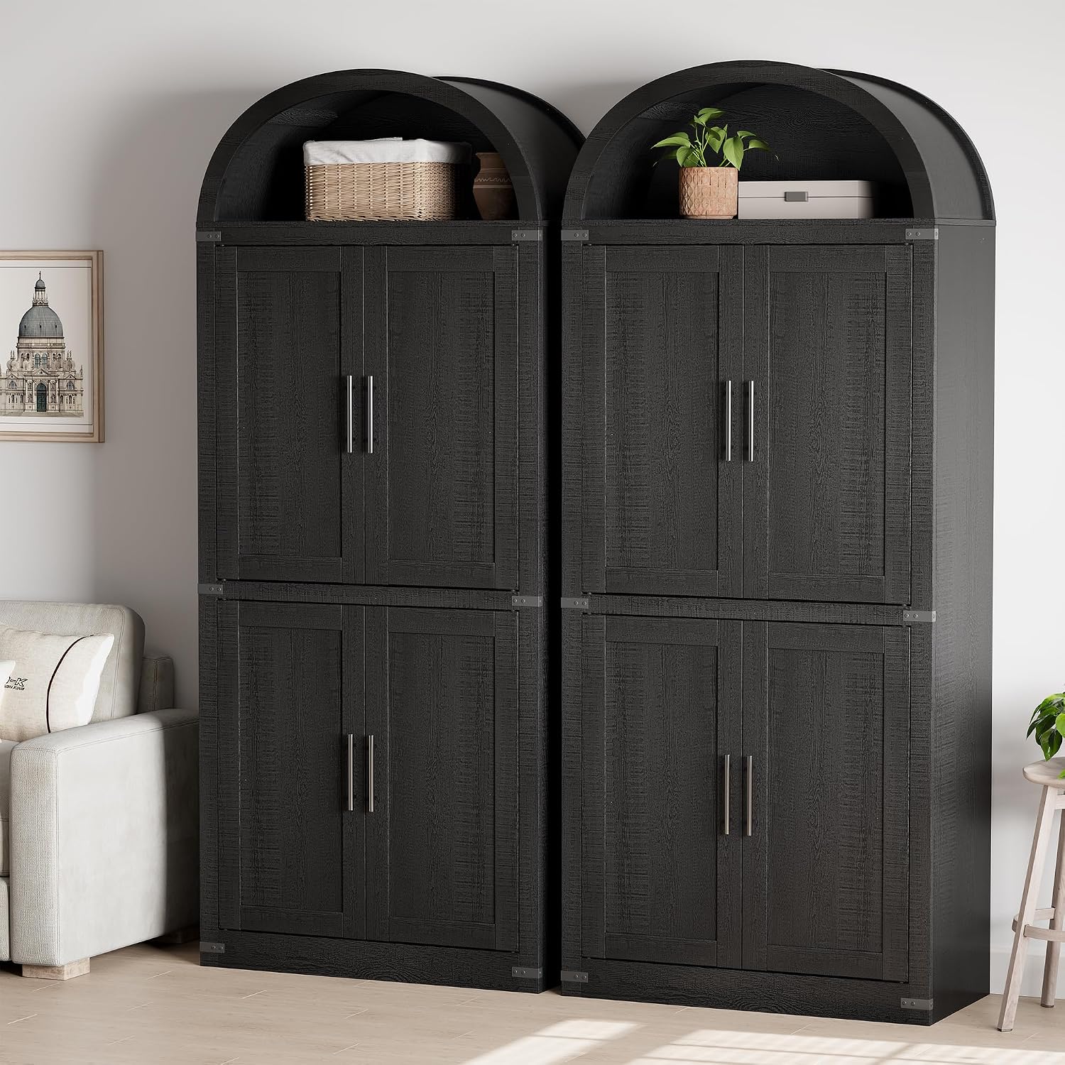 Takywep 71.6 Inch Tall Arched Pantry Cabinet with Doors, Farmhouse Storage Cabinet with Open Shelf and Metal Handles, 5 Tier Freestanding Bookcase for Kitchen Dining Room Living Room, Black