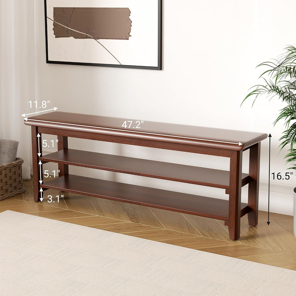 Shoe Rack Bench Mid Century Modern 2-Tier Shoe Rack Organizer for Entryway Hallway or Living Room Farmhouse Rustic Wooden Seat Bench Brown 11.8" Dx47.2 Wx16.5 H
