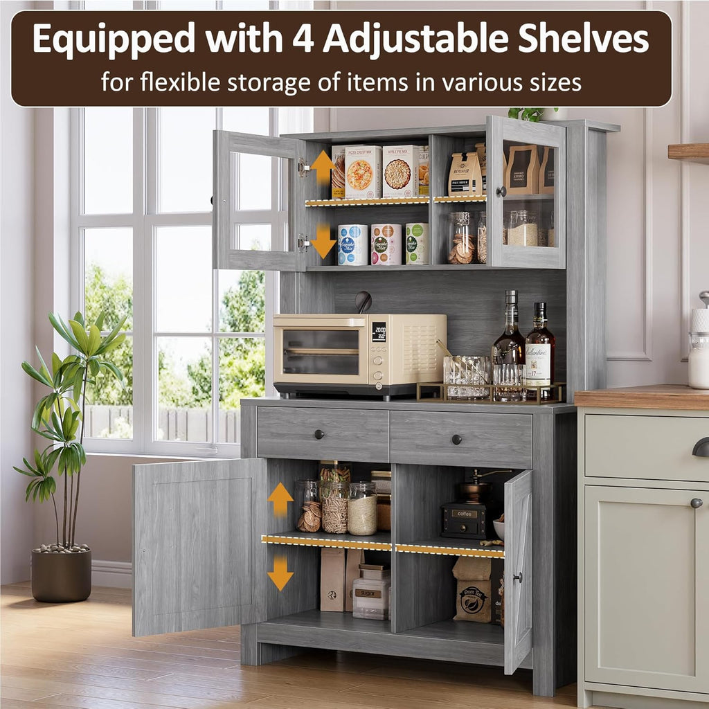 IDEALHOUSE 63" Kitchen Pantry Cabinet with Drawers, Hutch Cabinet with Storage, Microwave Stand, Adjustable Shelves, Freestanding Tall Pantry Storage for Dining Room, Living Room, Grey
