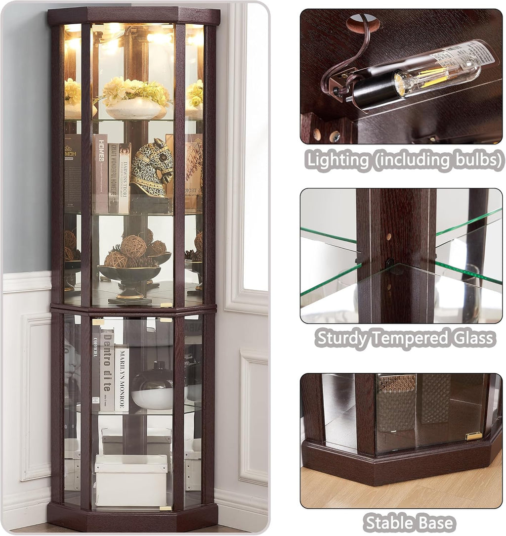 69" H Lighted Corner Curio Cabinet Display Case With Adjustable Shelves, Tempered Glass, Mirrored Back Panel for Living Room (Dark Cherry)