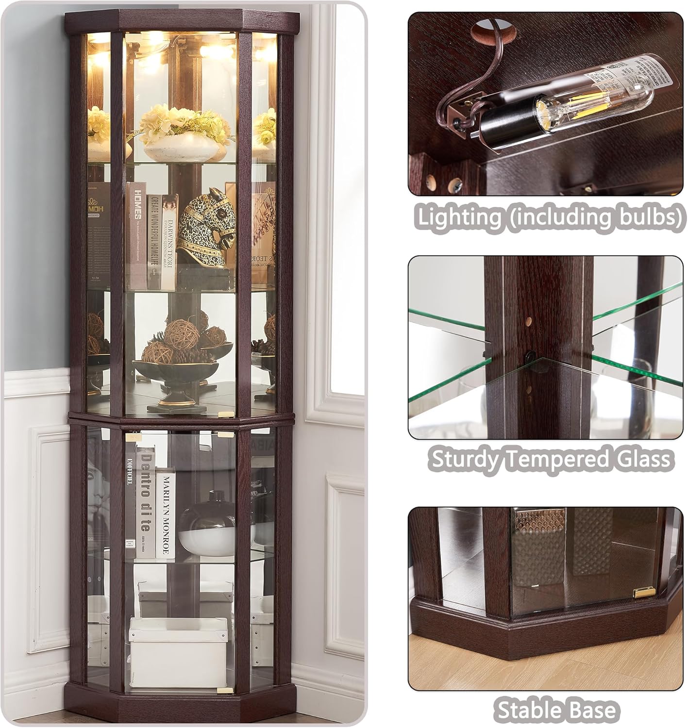 69" H Lighted Corner Curio Cabinet Display Case With Adjustable Shelves, Tempered Glass, Mirrored Back Panel for Living Room (Dark Cherry)