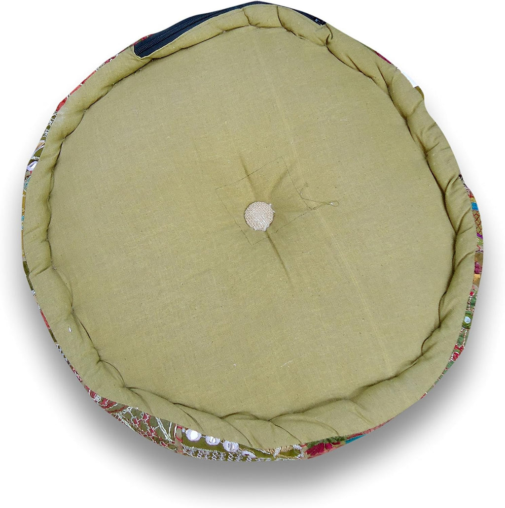 Sophia Art Indian Pouf Stool Vintage Patchwork Embellished with Patchwork Living Room Ottoman Cover, 18 X 13 Inches(Mhendhi Green)