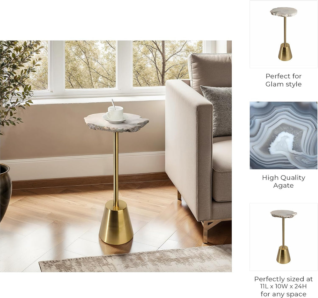 Classy End Table, Side Table, or Night Stand - Raw Agate Drink Table with Slim Metal Base Perfect for Small Spaces - Bold Accent for Modern Office, Living Room, or Bedroom Decor - 24" Ivory & Gold