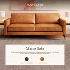 Poly & BARK Mateo 82” Sofa – Cognac Tan Full-Grain Pure-Aniline Italian Leather, Feather-Down Cushions, Solid Wood Frame & Walnut Legs