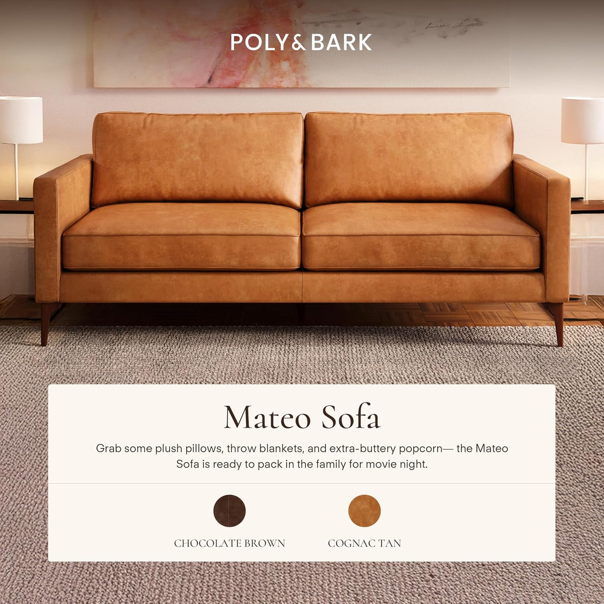 Poly & BARK Mateo 82” Sofa – Cognac Tan Full-Grain Pure-Aniline Italian Leather, Feather-Down Cushions, Solid Wood Frame & Walnut Legs