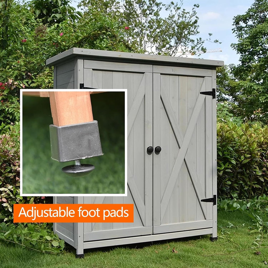 Large Vertical Outdoor Storage Box Adjustable Foot Pads, Wooden Outdoor Storage Cabinet with Doors Galvanized Cabinet Top for Delivery Patio Garden and Porch,Br,Brown