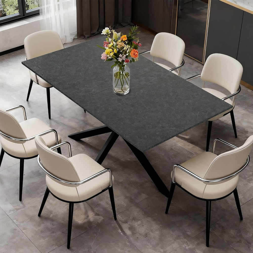63-79 Inch Extendable Dining Table for 6-10, MDF Rectangular Kitchen Table with Removable Butterfly Leaf and Black Metal Base, Space Saving Design for Small Spaces & Holiday Gatherings, Black Lava