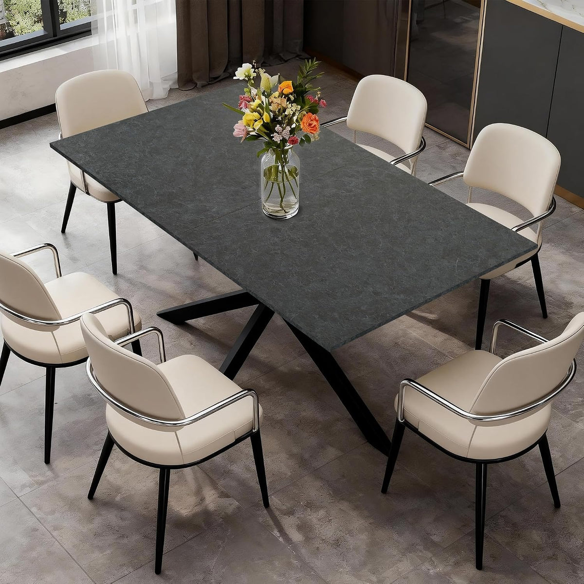 63-79 Inch Extendable Dining Table for 6-10, MDF Rectangular Kitchen Table with Removable Butterfly Leaf and Black Metal Base, Space Saving Design for Small Spaces & Holiday Gatherings, Black Lava