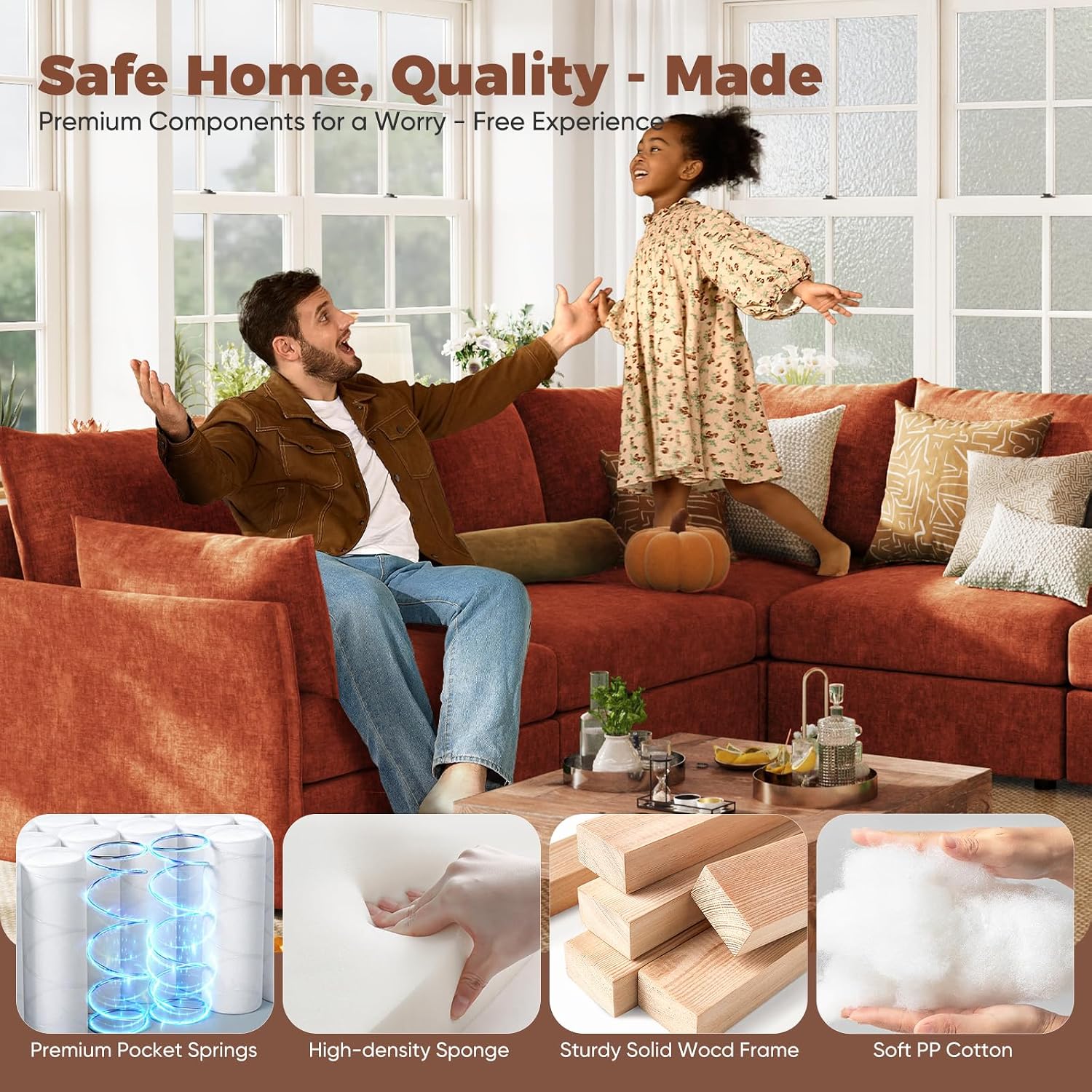 ABCASA L-Shaped 4-Seater Modular Sectional Sofa with Movable Storage Ottoman, Comfy Cloud Couch Set in Terracotta Orange Chenille for Living Room