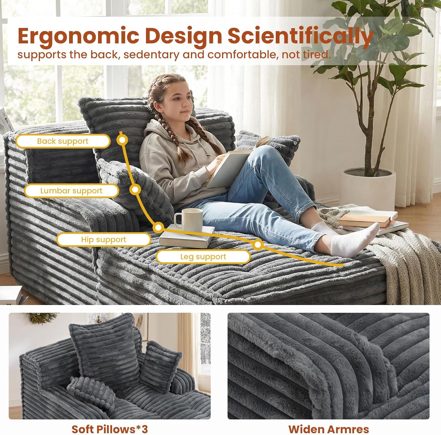 Chaise Lounge Chair Indoor, Top Fixed-Point Comfort Layer Couch, 57'' Cloud Corduroy Sofa Bed, Block + Crumb Foam Construction, Deep Seat Reading Chair with 3 Pillows, No Assembly