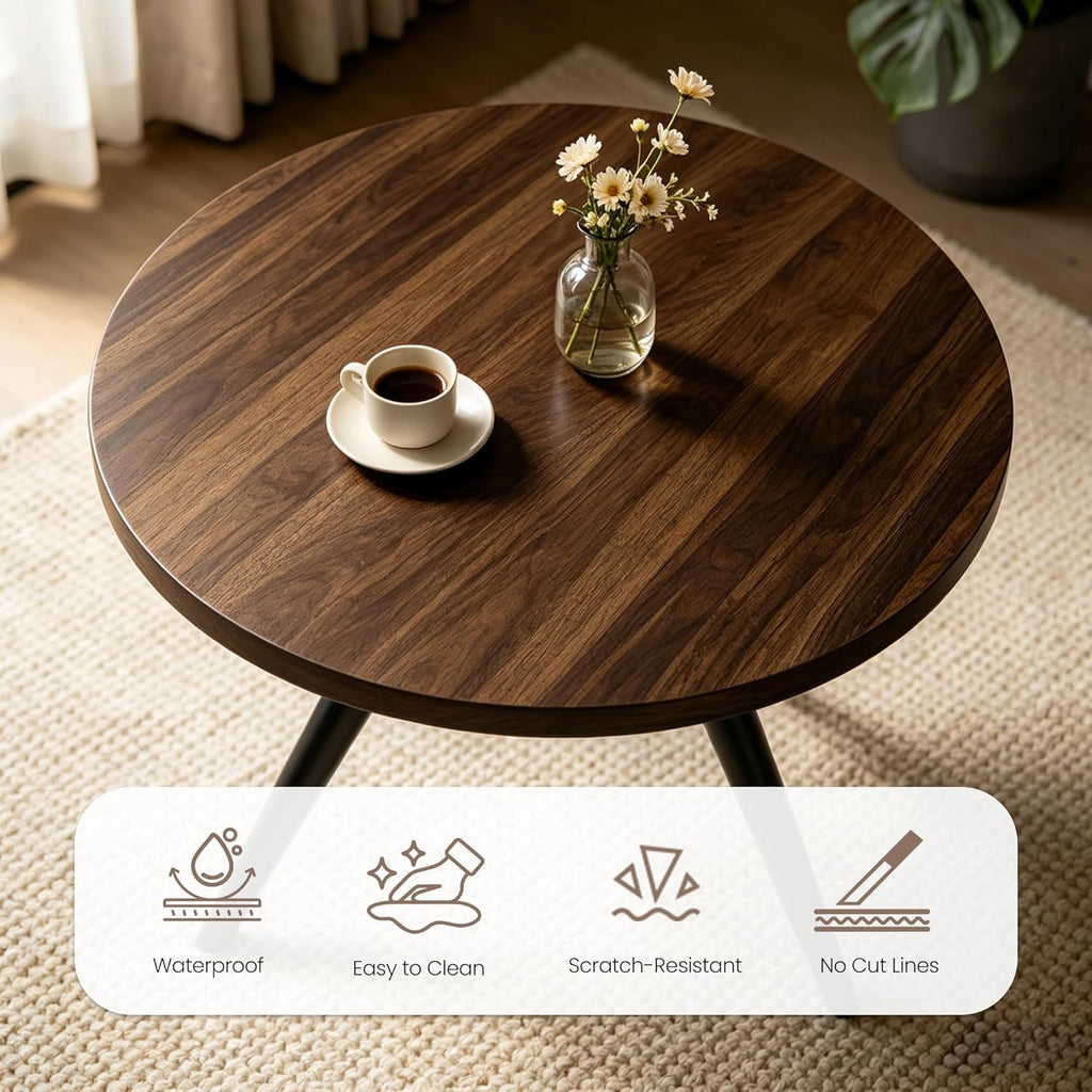 34.6" Round Dining Table Set for 4, Modern Kitchen Coffee Table Set with 4 Faux Leather Chairs, MDF Small Space Saving Dining Room Table and Chairs Set (Walnut Table+4 Beige U-Shaped Chairs)