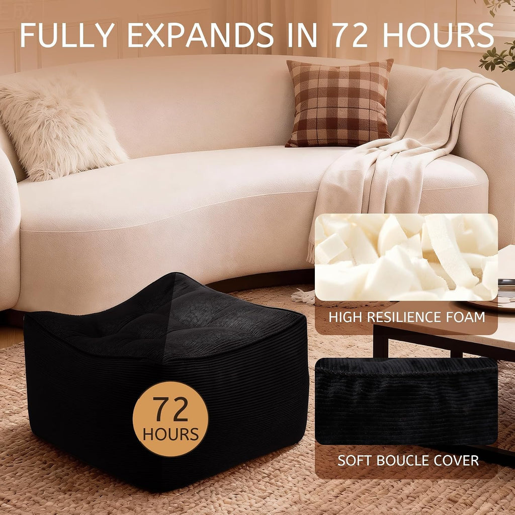 Square Corduroy Pouf Ottoman, Soft Fluffy Foot Stool with Foam Chunk Filling, Floor Pouf & Storage Ottoman for Living Room