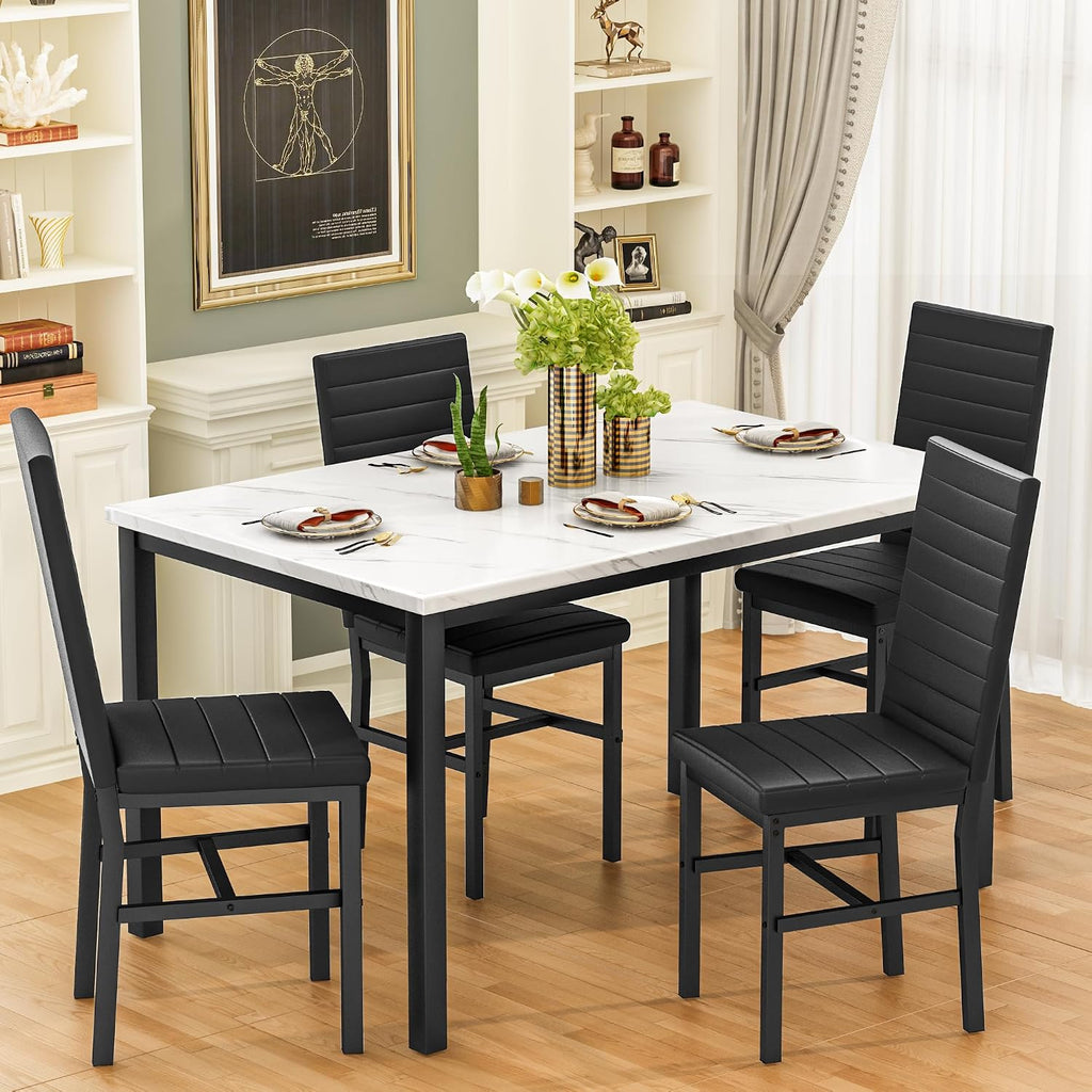 Hooseng Dining Table Set for 4, 5-Piece Faux Marble Dinner Table Set with 4 Upholstered PU Leather Chairs Kitchen Table Chairs Set Modern Space-Saving Dinette Set for Breakfast Nook Apartment Black