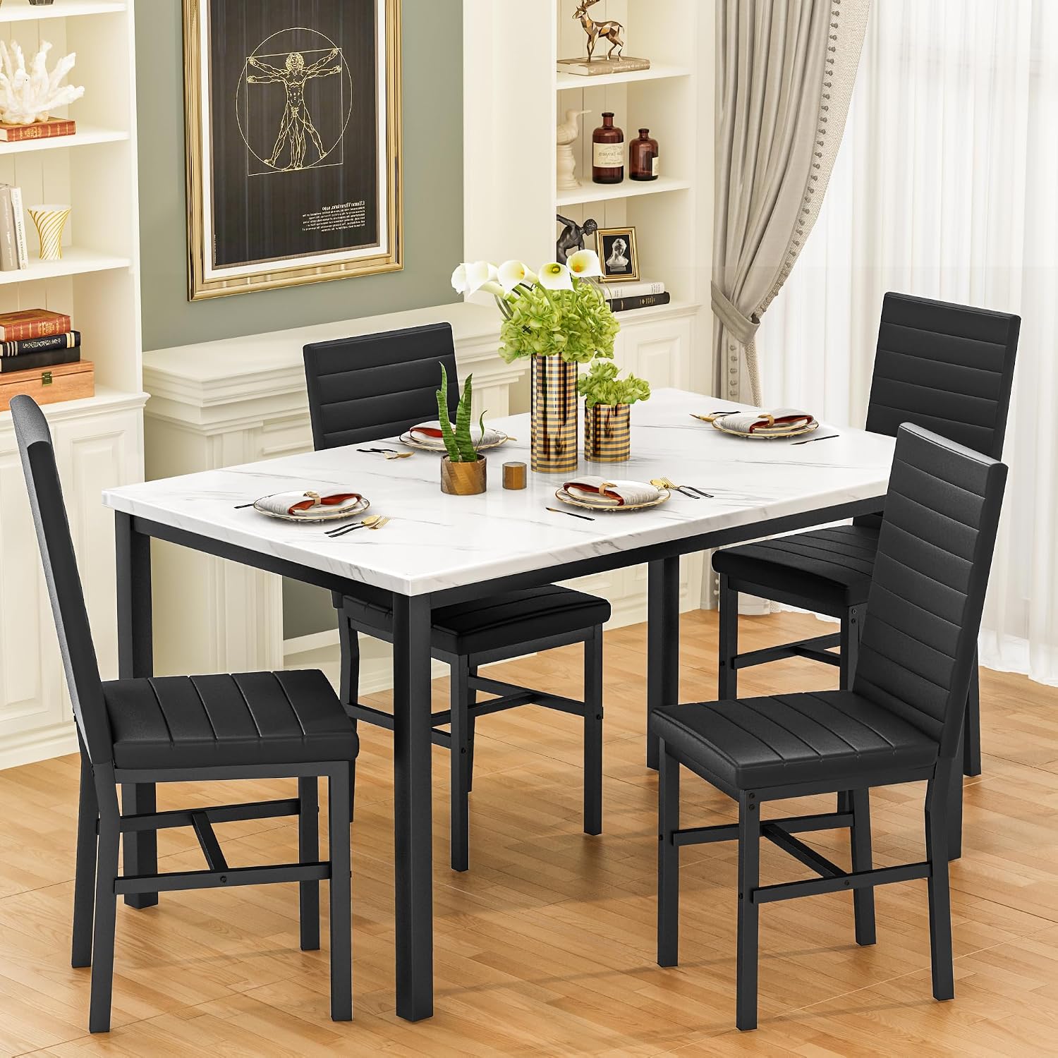 Hooseng Dining Table Set for 4, 5-Piece Faux Marble Dinner Table Set with 4 Upholstered PU Leather Chairs Kitchen Table Chairs Set Modern Space-Saving Dinette Set for Breakfast Nook Apartment Black