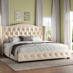 HOMBCK King Bed Frame with 49" Headboard, Velvet Upholstere King Size Bed Frame with Button Tufted Wingback Design, Traditional Retro Style, Low Profile, Strong Structure, No Box Spring Needed, Beige