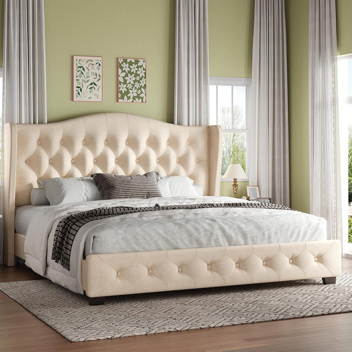 HOMBCK King Bed Frame with 49" Headboard, Velvet Upholstere King Size Bed Frame with Button Tufted Wingback Design, Traditional Retro Style, Low Profile, Strong Structure, No Box Spring Needed, Beige