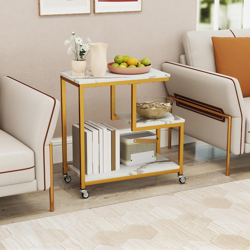 Giantex 3-Tier Side Table with Wheels, G-Shaped Mobile End Table with Open Shelves & Metal Frame, Rolling Sofa Couch Table for Living Room Bedroom Office, White & Gold