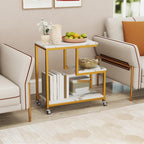 Giantex 3-Tier Side Table with Wheels, G-Shaped Mobile End Table with Open Shelves & Metal Frame, Rolling Sofa Couch Table for Living Room Bedroom Office, White & Gold
