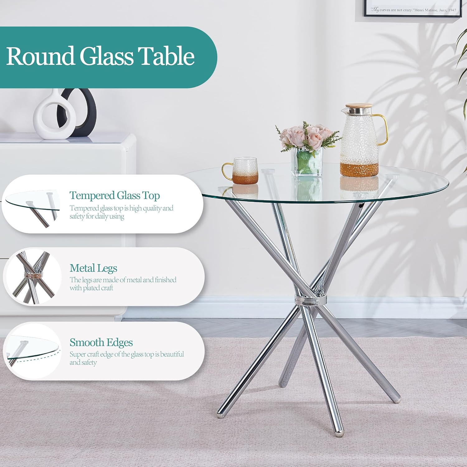 5 Pieces Round Dining Room Set for 4 Contemporary Glass Kitchen Table with 4 PU Chairs Set Compact Silver Legs Glass Table with Grey Chairs Set for Small Space/Apartment