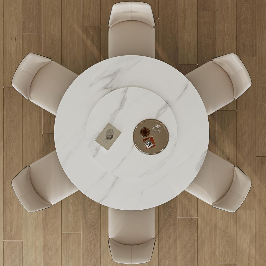 Montary 59" Modern Round Dining Table, Turntable Faux Marble Kitchen Table with Lazy Susan, Sintered Stone Tabletop Dining Room Table for 6-8 Person, with Black Metal Pedestal