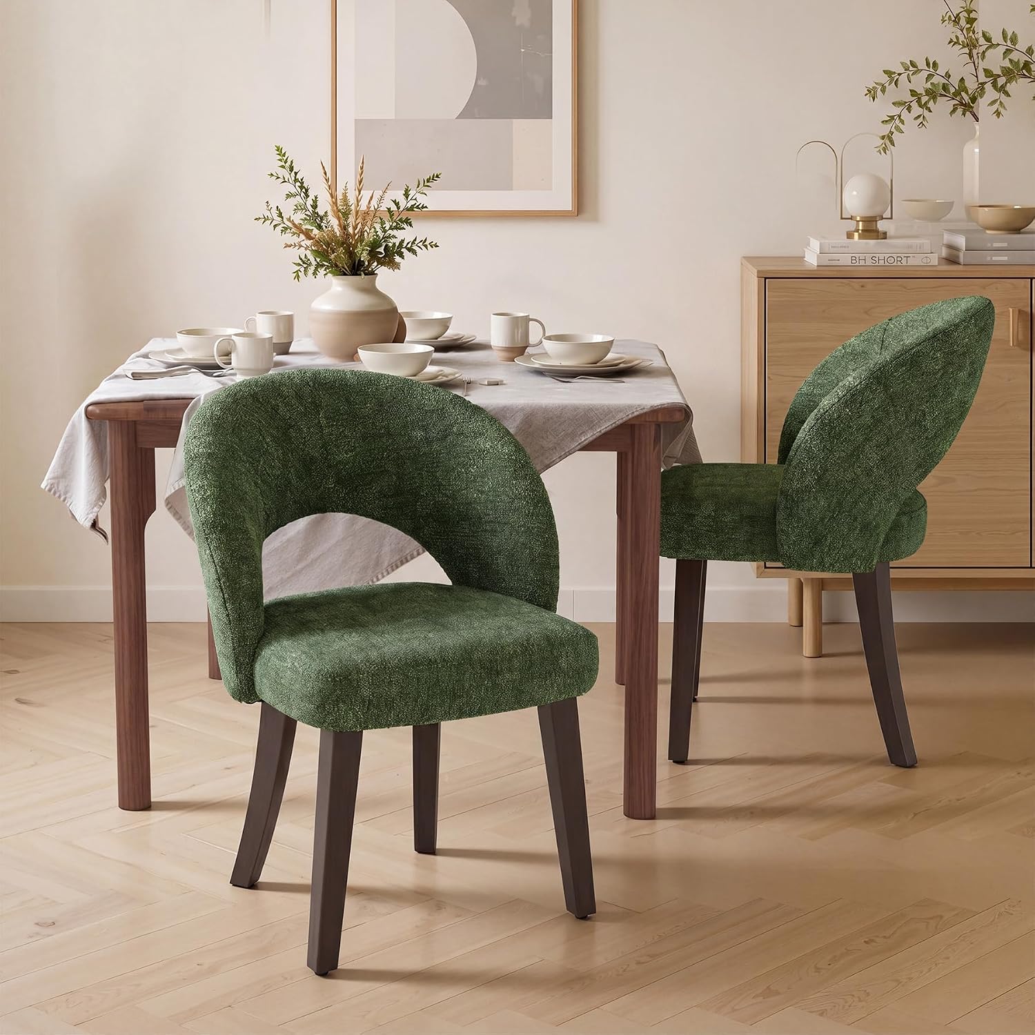 Dining Chairs Set of 4, Mid Century Modern Dining Chairs with Solid Wood Legs, Curved Back Kitchen Chair Farmhouse Side Upholstered Chairs for Kitchen Dining Room, Green