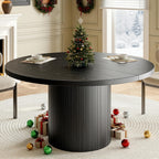 47 inch Round Dining Table for 4, Circle Kitchen Table with Wood Strip Base, Modern Farmhouse Dinner Tables for Kitchen, Living Room (Black)