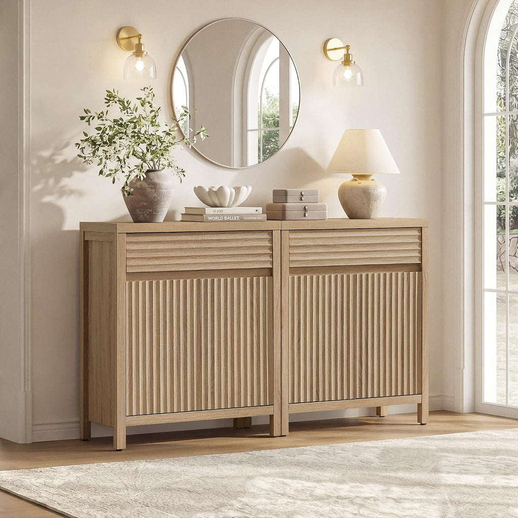 SICOTAS 58" Fluted Buffet Cabinet with Storage, Modern Farmhouse Sideboard with 4 Doors, 2 Drawers & Adjustable Shelves, Sturdy Credenza for Kitchen, Living Room & Entryway, Reclaimed Light Oak