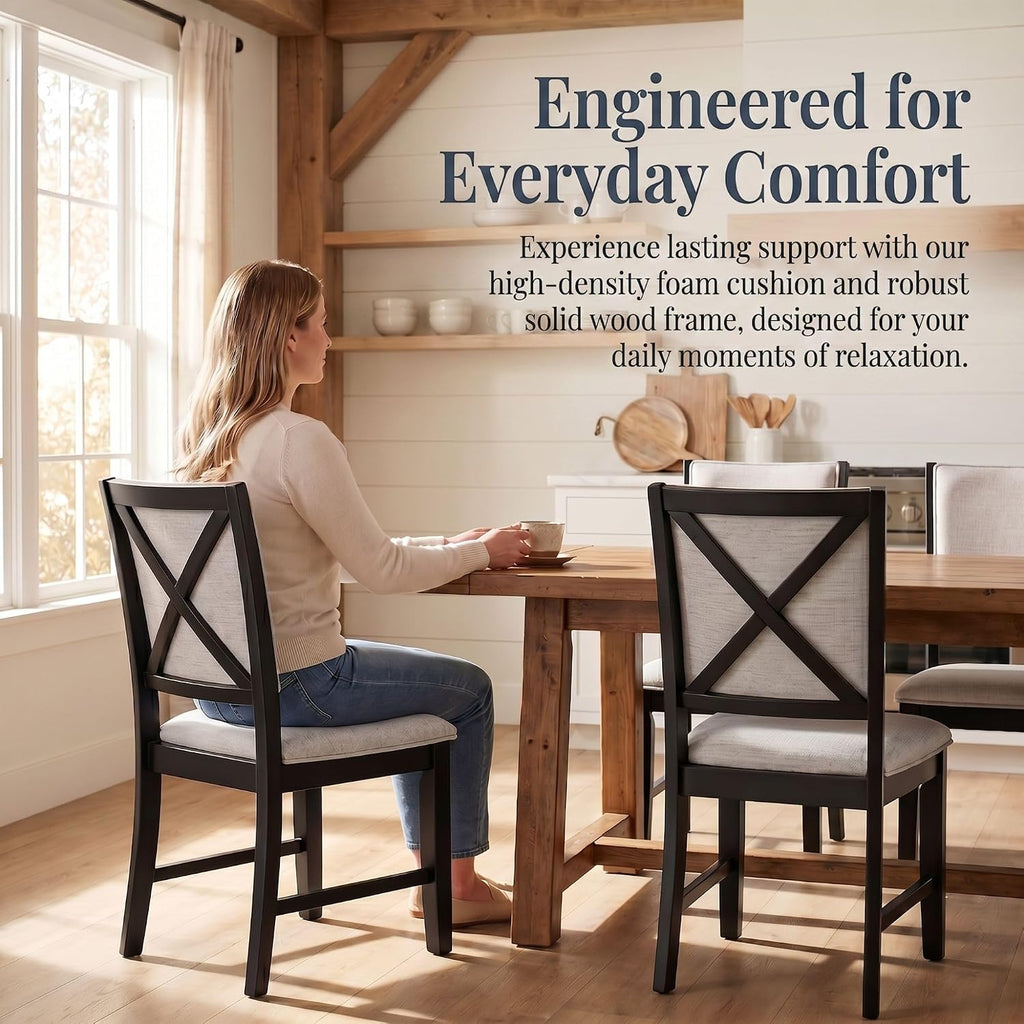 chairus Farmhouse Dining Chairs Set of 4, Upholstered Armless Dining Room Chairs with Stuffed Back and Cushion Wooden Kitchen Chairs for Dining Table/Restaurant/Reception, Linen Grey/Black Leg
