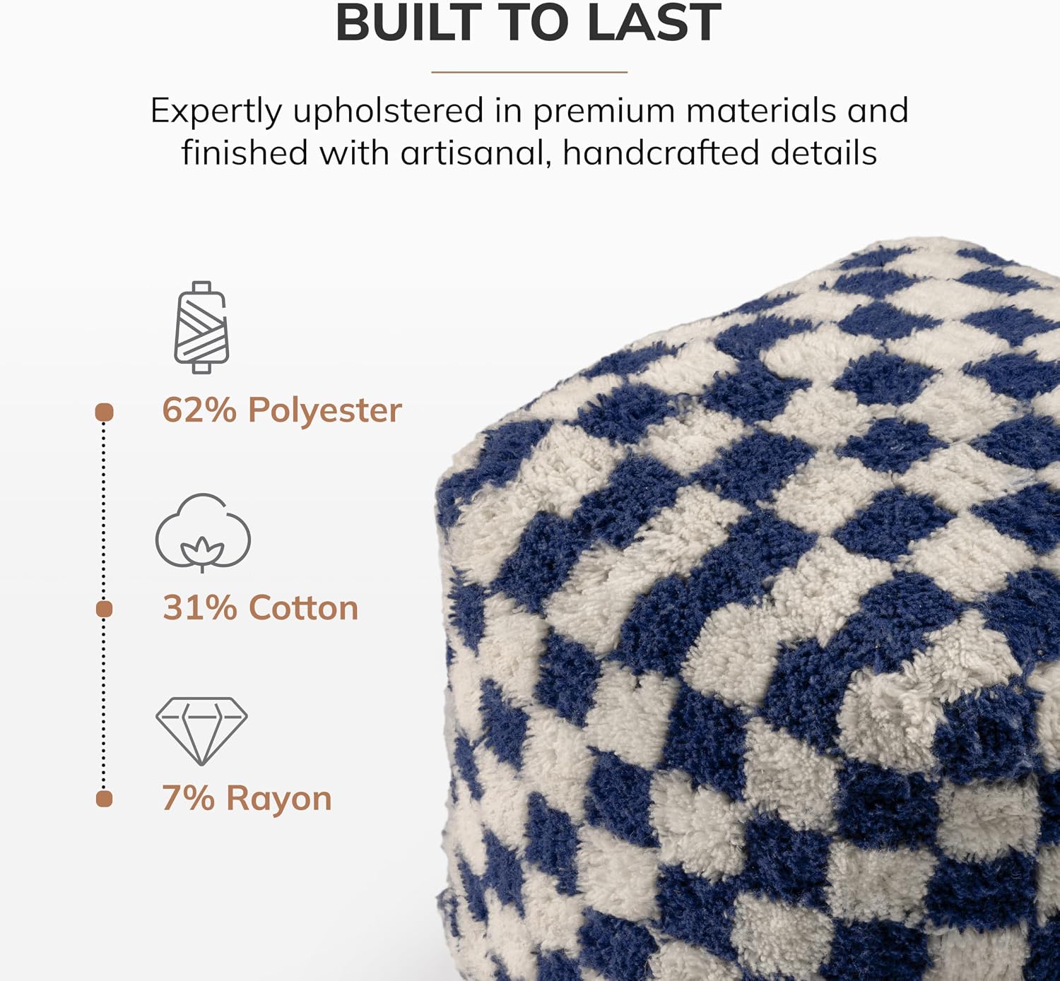 Anji Mountain Artisan Crafted Cotton Blend Pouf Ottoman | Versatile Floor Seating & Footstool for Living Room | Modern Boho Home Décor Accent | Filled Pouffe | Soft & Fluffy Ottoman Pouf, Lightweight, Decorative Floor Pouf Seating for Bedroom & Home