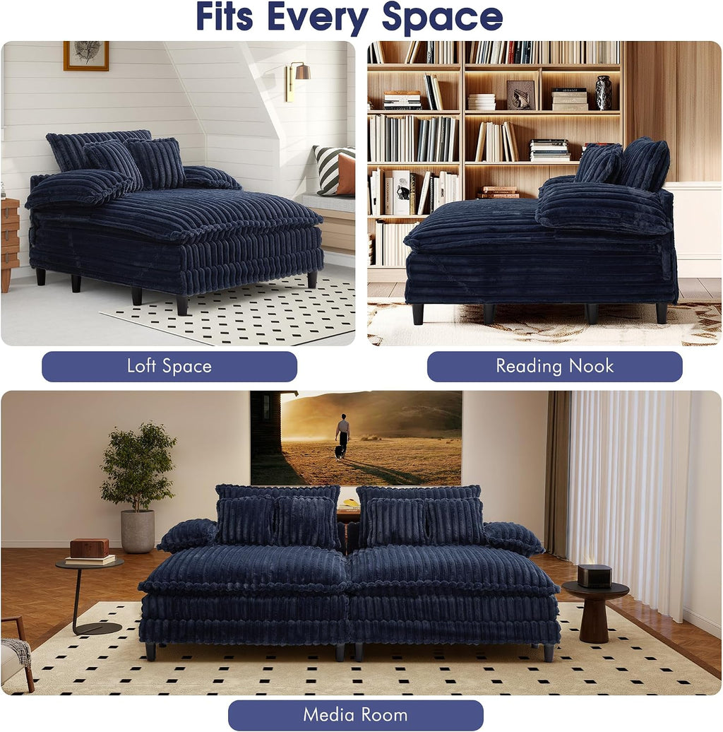 WESTSETLUX 54.8" W Oversized Chaise Lounge Chair Indoor with 5-Position Adjustable Backrest, Plush Sleeper Sofa Bed with Pillows, Upholstered Cloud Couch Chair for Living Room, Study Room, Navy Blue