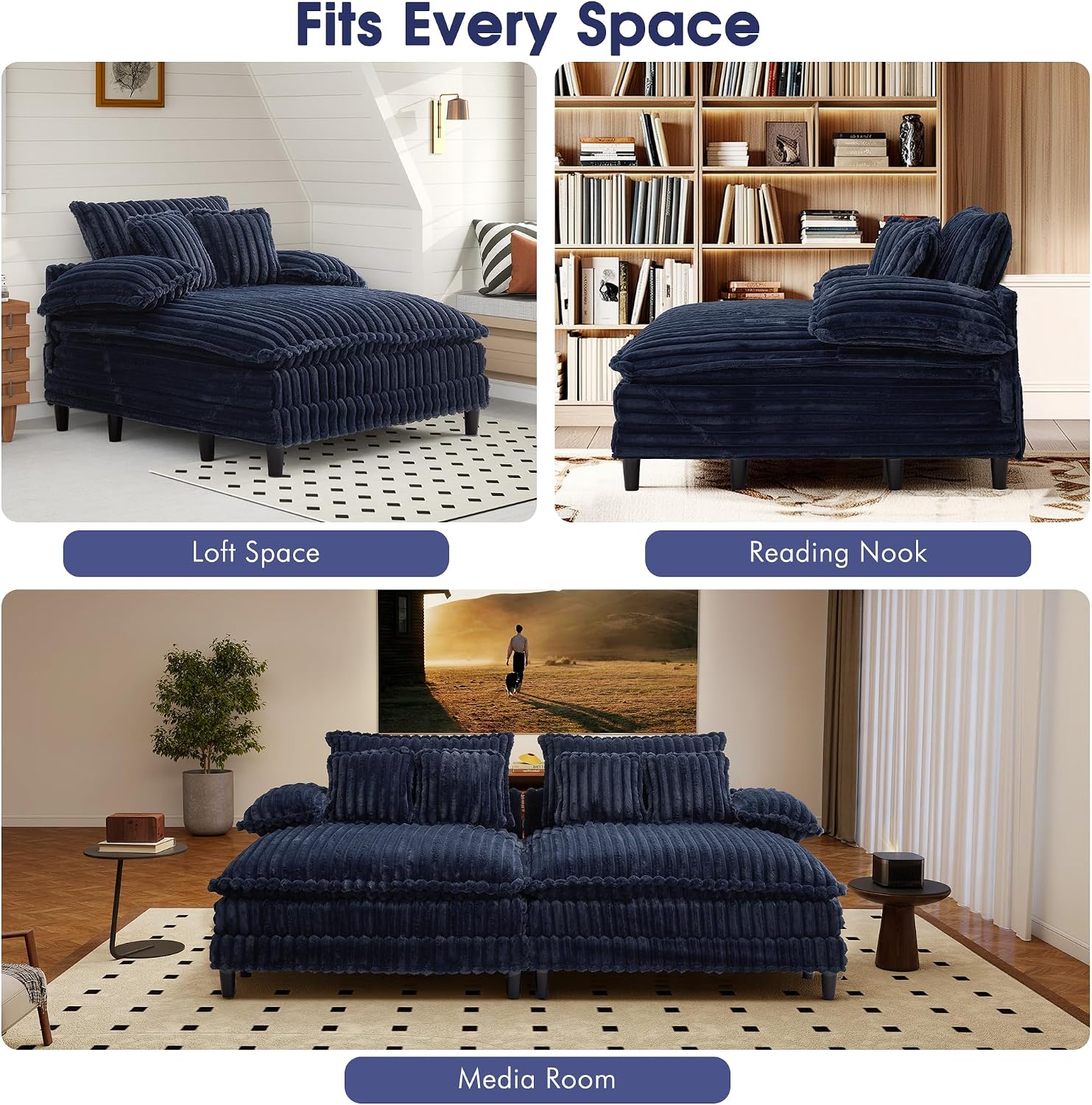 WESTSETLUX 54.8" W Oversized Chaise Lounge Chair Indoor with 5-Position Adjustable Backrest, Plush Sleeper Sofa Bed with Pillows, Upholstered Cloud Couch Chair for Living Room, Study Room, Navy Blue