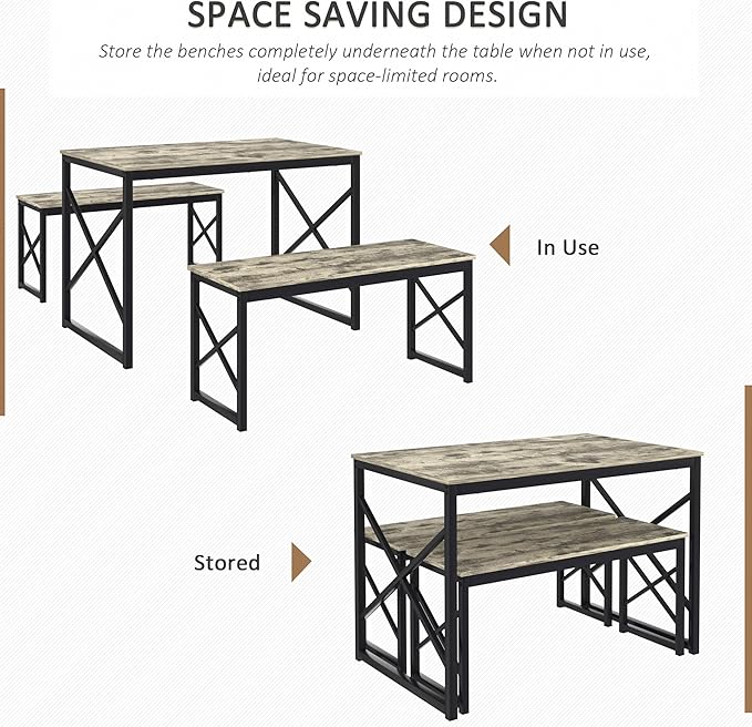 VECELO Kitchen Table with 2 Benches for 4, 43.3'' Wood Dining Room Dinette Sets with Metal Frame for Breakfast Nook and Small Space, Grey