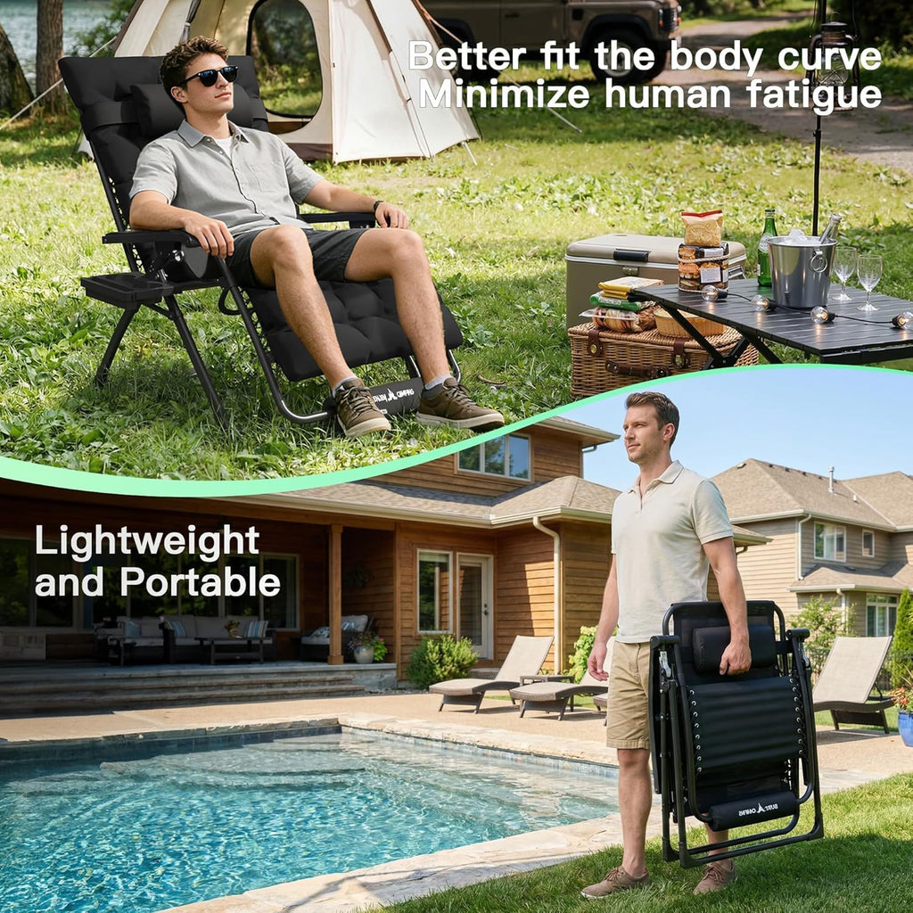 Amopatio Oversized Zero Gravity Chair XXL 33Inch Reclining Camping Lounge Chairs w/Removable Cushion&Headrest, Upgraded Lock and Footrest, Folding Patio Recliner for Indoor Outdoor, Black