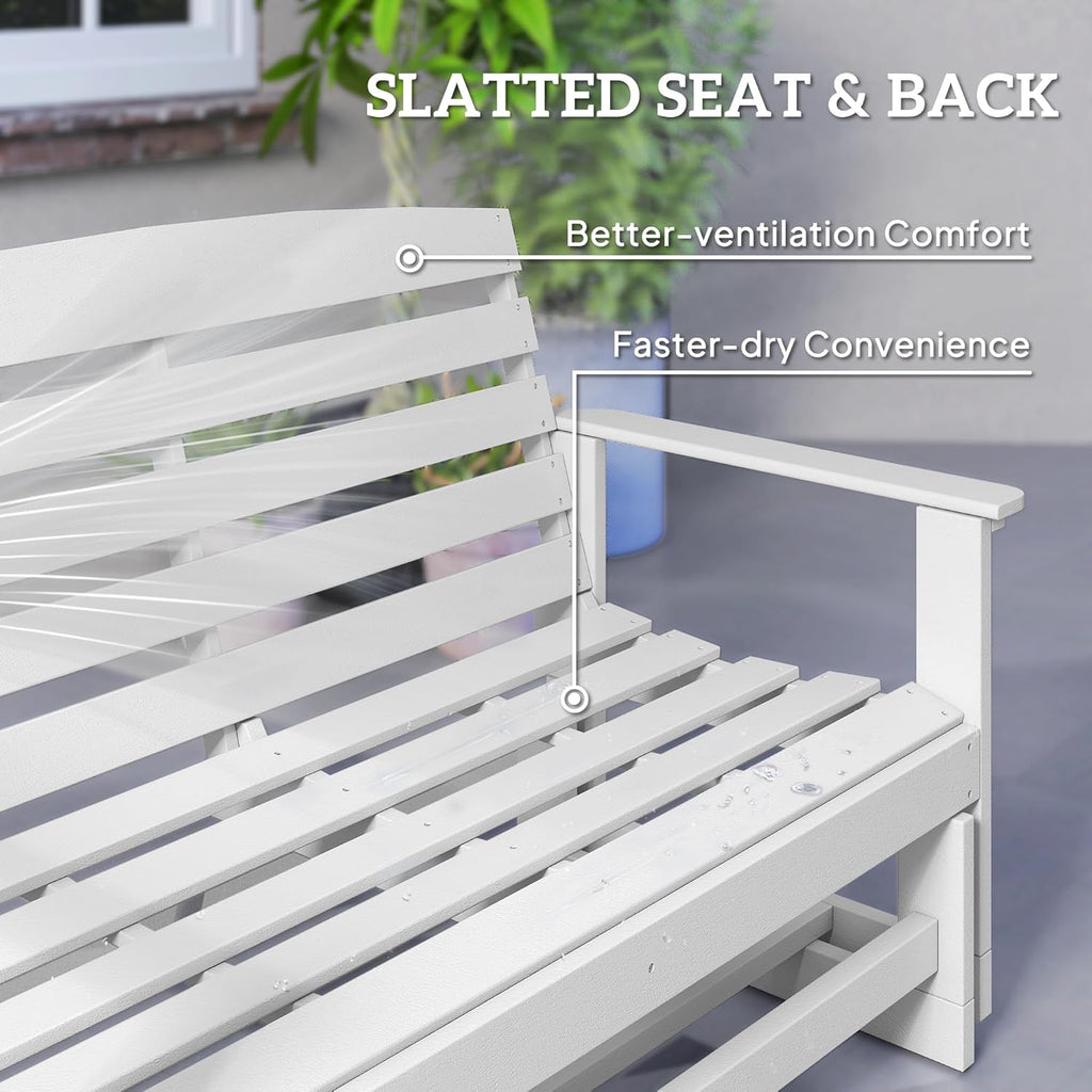 Outsunny 2-Person Outdoor Glider Bench HDPE Weather Resistant White | Patio Double Swing Glider Rocking Chair Loveseat, with Armrests, Slatted Seat and Backrest, for Backyard Garden Porch