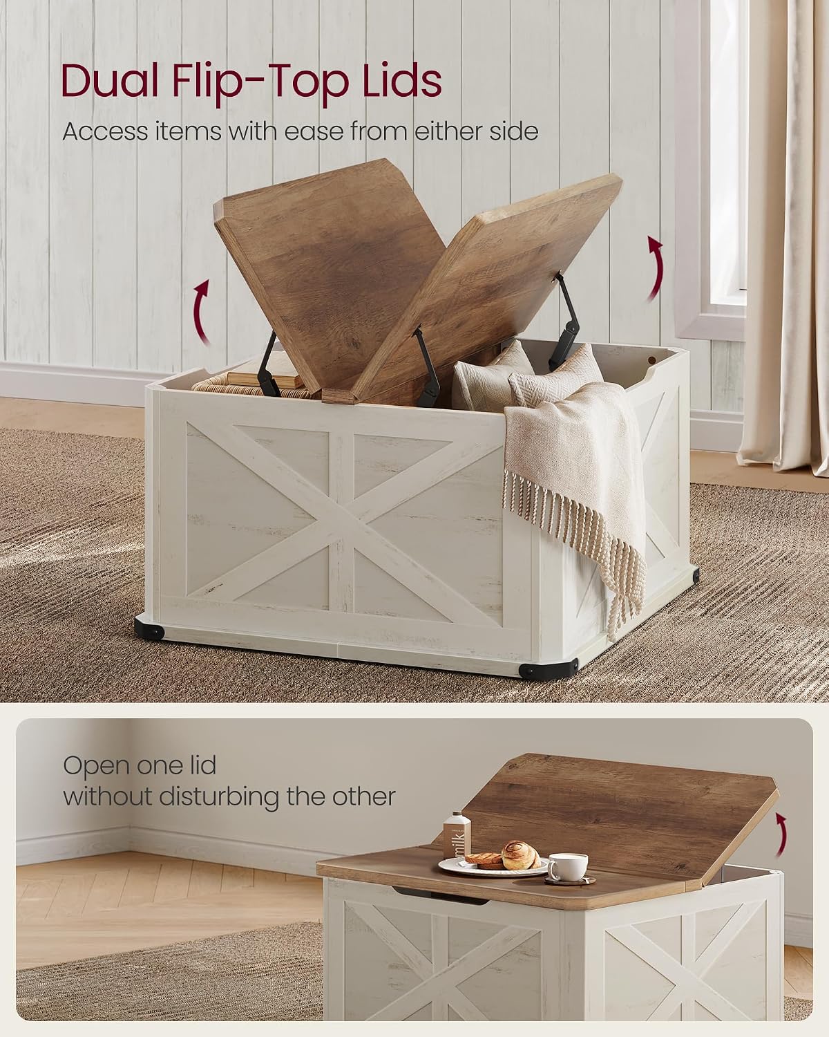 VASAGLE LIRY Collection - Farmhouse Coffee Table with Storage, Square Coffee Table for Living Room, Center Table with Flip-Top Lids, Honey Brown and Rustic White ULCT232W73