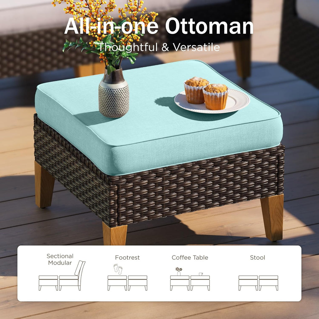 PHI VILLA 2 Pieces Patio Ottoman, All Weather Rattan Wicker Ottoman Seat, Outdoor Footstool Footrest Seat with Cushions, Aqua Blue