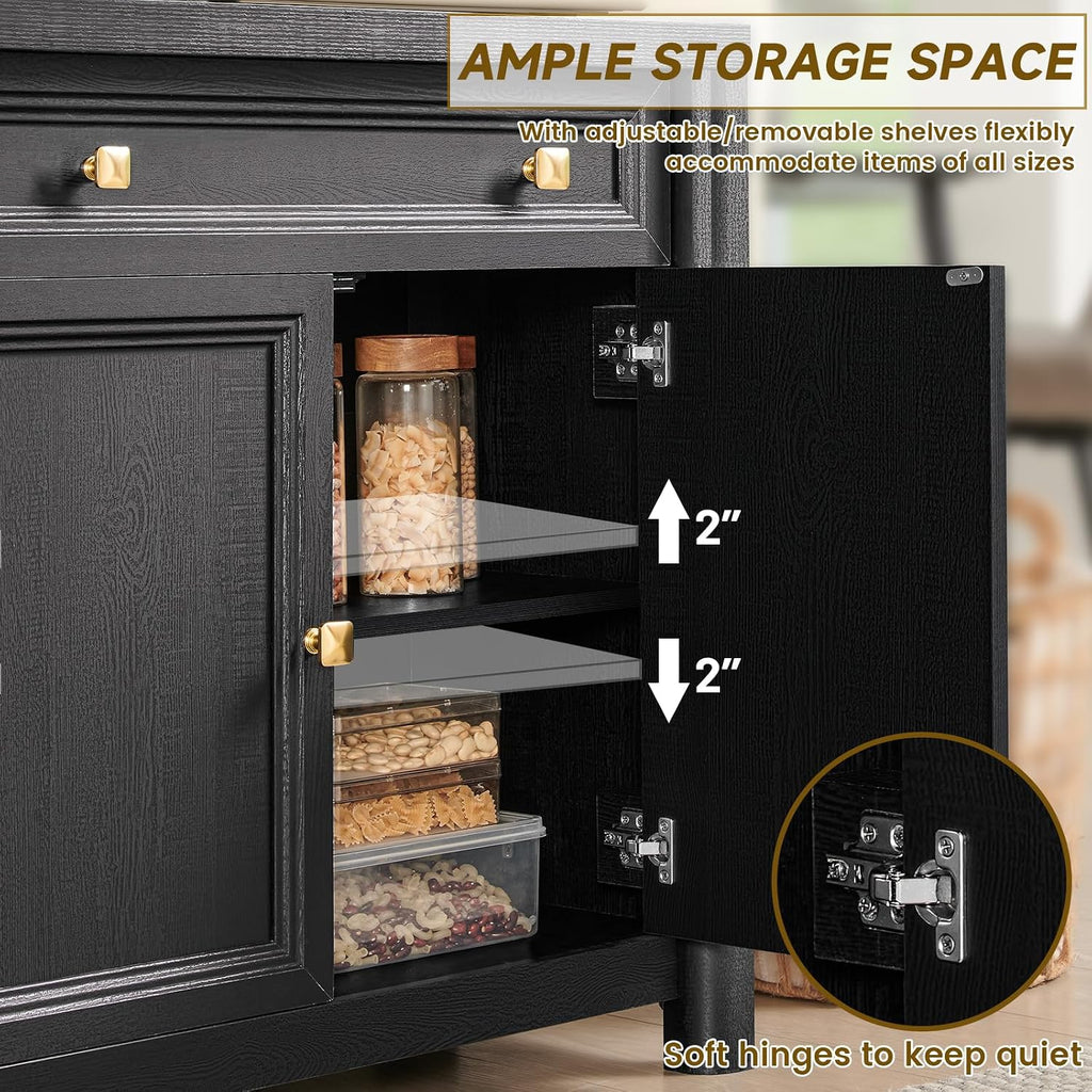 Standifurno Credenza Storage Cabinet with 4 Doors and 2 Drawers, 59" Large Sideboard Buffet Cabinet, 32.1'' Tall Wood Buffet Table Coffee Bar Console Cabinets for Living Dining Room, Black