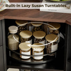 Corner Cabinet w/Charging Station, Kitchen Pantry w/Lazy Susan Turntable | Farmhouse Food Pantry Cabinet w/Drawer & Doors & Adjustable Shelf, L-Shaped Sideboard for Dining Room (Black)
