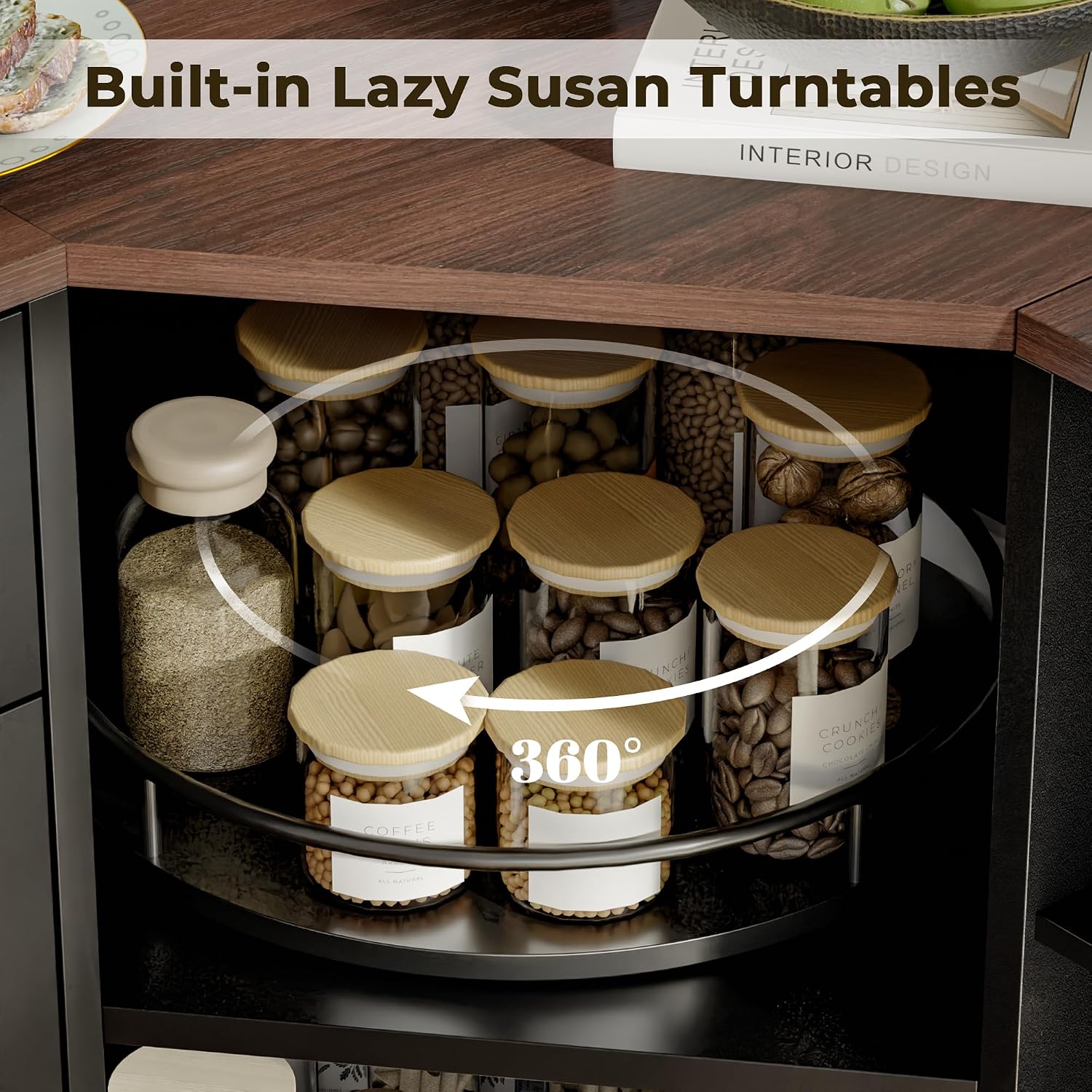 Corner Cabinet w/Charging Station, Kitchen Pantry w/Lazy Susan Turntable | Farmhouse Food Pantry Cabinet w/Drawer & Doors & Adjustable Shelf, L-Shaped Sideboard for Dining Room (Black)