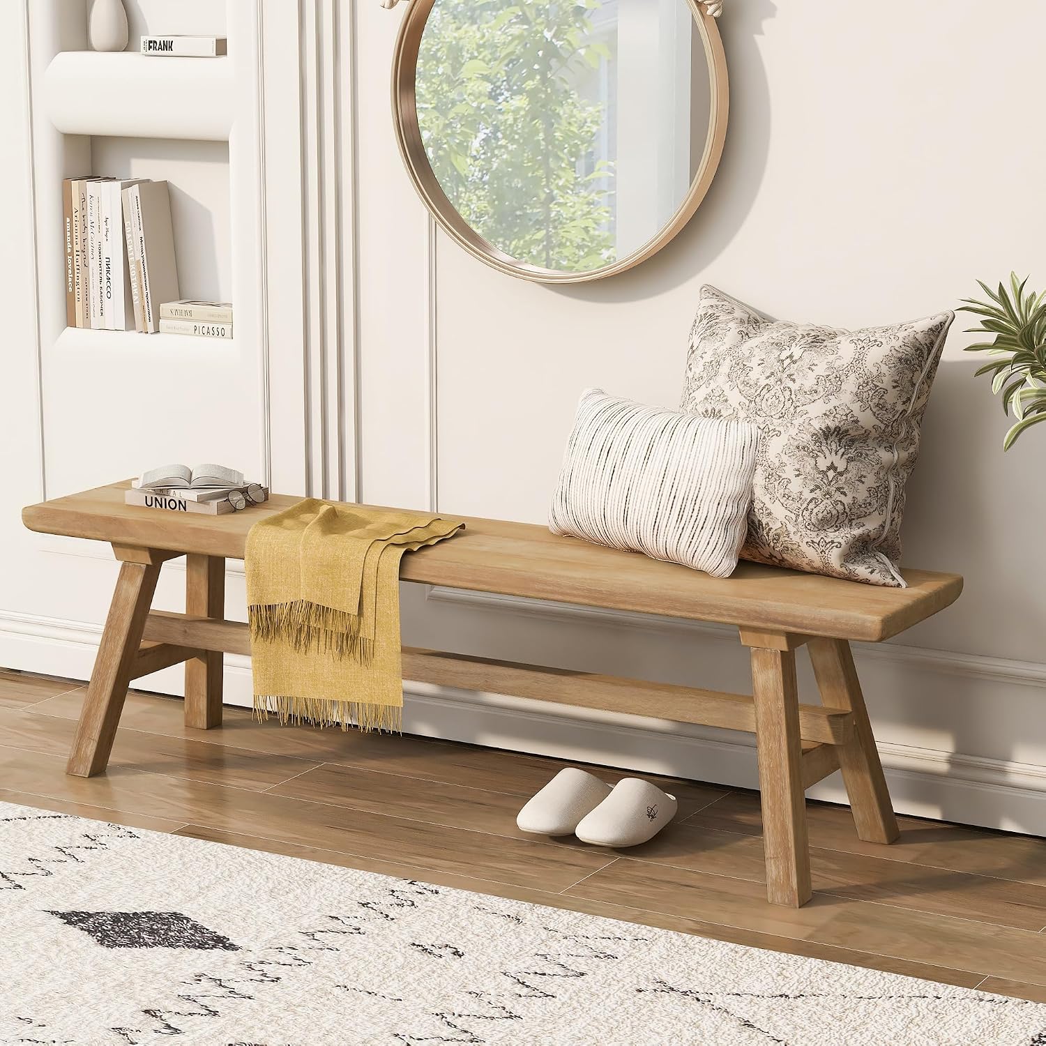 Solid Wood Bench 55 in, Rustic Farmhouse Entryway Bench with Storage, Indoor Shoe Bench, Natural Wood Tone