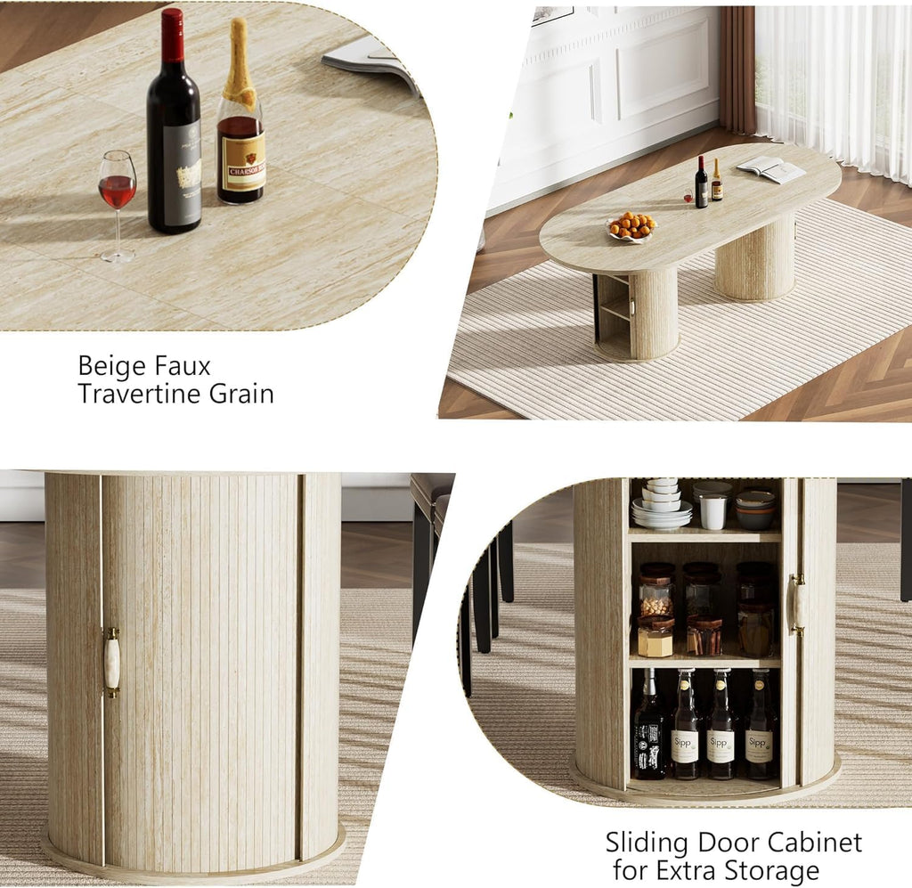 Modern Extendable Dining Table for 6-8-10,Rustic Expandable Oval Kitchen Tables,63-79-94 Inch Large Dining Table with Faux Travertine Top and Storage Pedestal Base