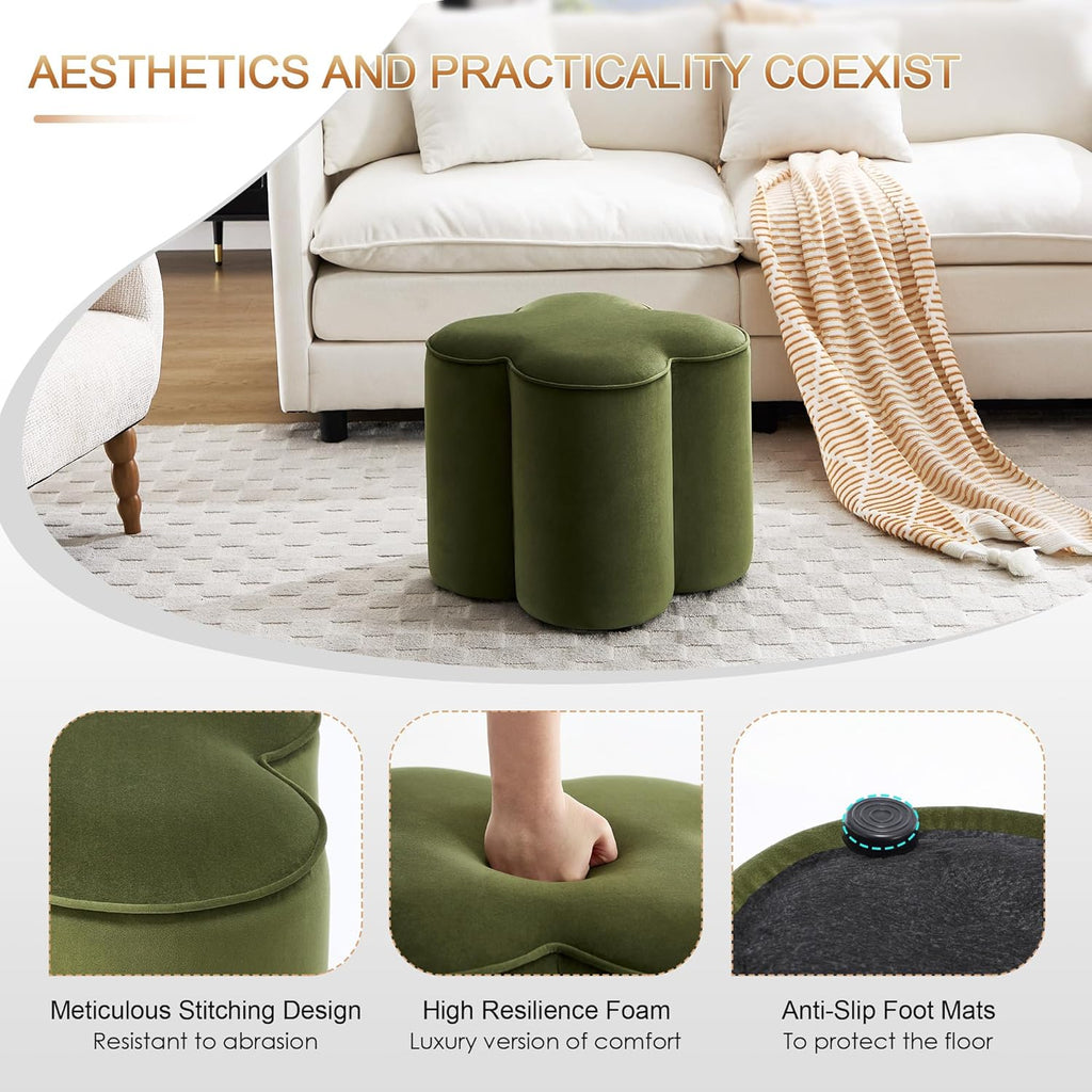 Zesthouse Flower Pouf Ottomans Foot Rest Set of 2, Velvet Fabric Poofy Ottomans Footstool for Sofa Couch, Modern Living Room Stool Seats for Hallway, Cute Square Vanity Stools for Bedroom Dorm, Green