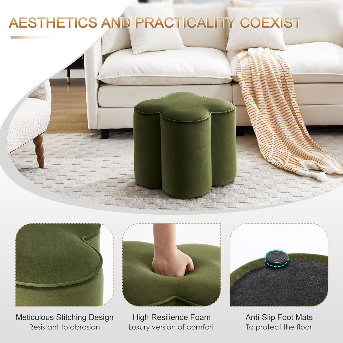 Zesthouse Flower Pouf Ottomans Foot Rest Set of 2, Velvet Fabric Poofy Ottomans Footstool for Sofa Couch, Modern Living Room Stool Seats for Hallway, Cute Square Vanity Stools for Bedroom Dorm, Green