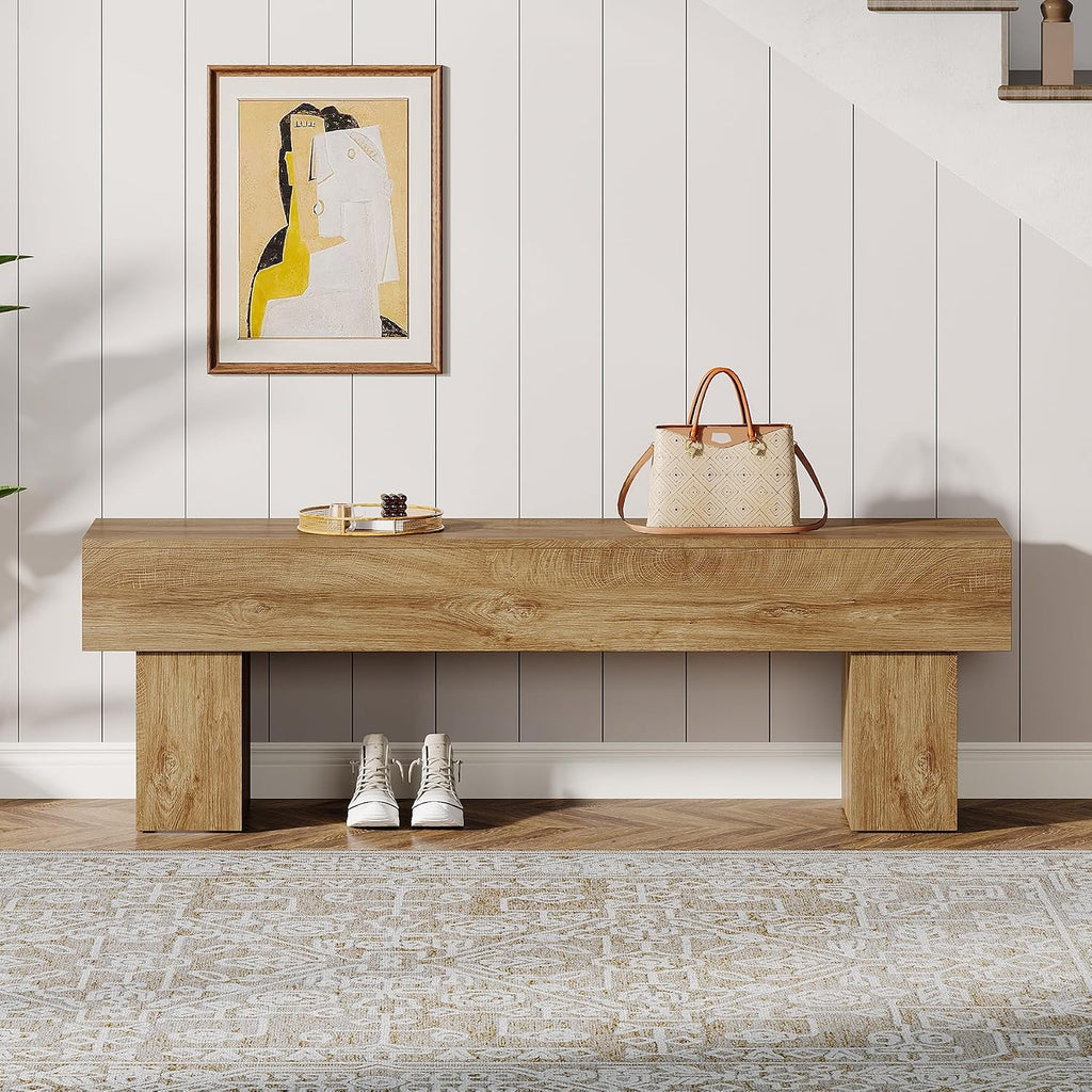 Tribesigns 63" Long Entryway Bench, Rustic Farmhouse End of Bed Bench, Wooden Shoe Bench Seat for Hallway, Living Room, End of Bed, Light Brown