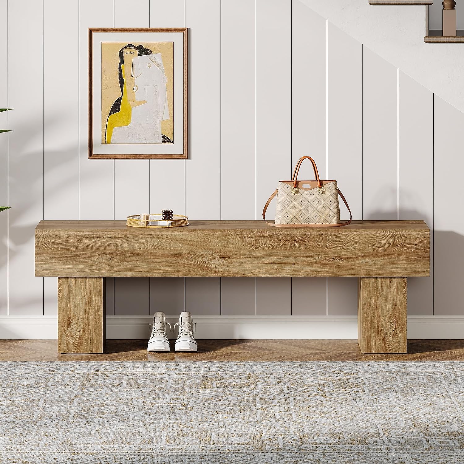 Tribesigns 63" Long Entryway Bench, Rustic Farmhouse End of Bed Bench, Wooden Shoe Bench Seat for Hallway, Living Room, End of Bed, Light Brown
