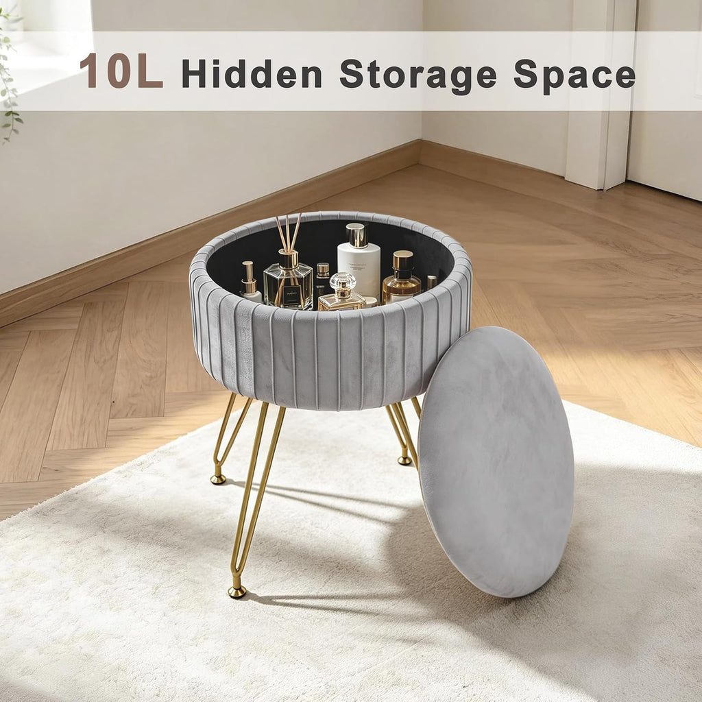 Round Vanity Stool with Storage Ottoman, Vanity Chair for Makeup Room with Removable Cover, Small Footrest Ottoman for Home, Living Room, Bedroom (Grey)