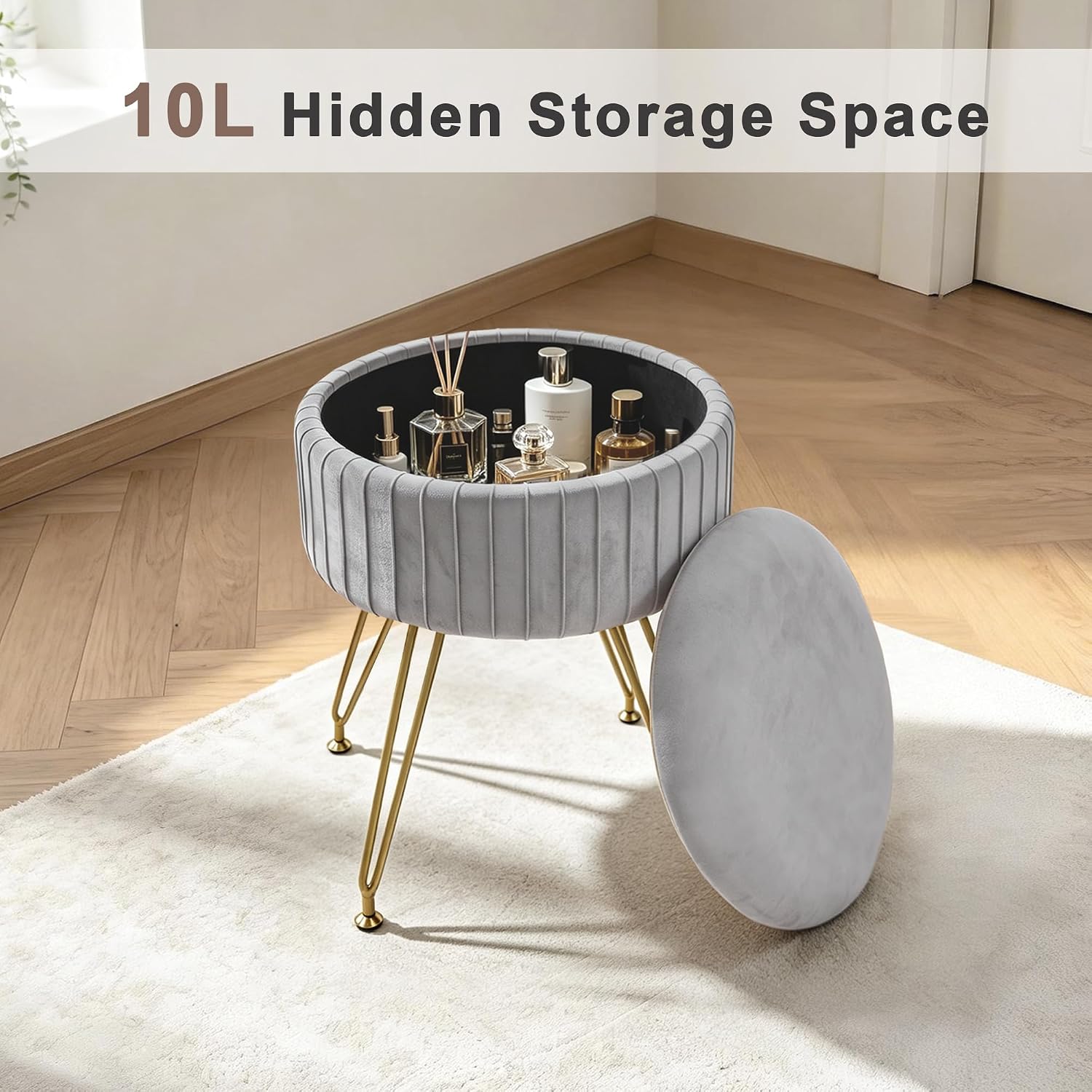 Round Vanity Stool with Storage Ottoman, Vanity Chair for Makeup Room with Removable Cover, Small Footrest Ottoman for Home, Living Room, Bedroom (Grey)